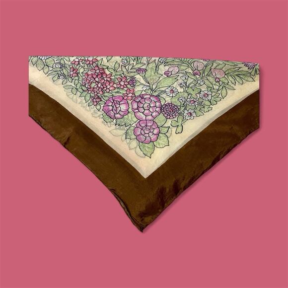 Vintage Floral Silk Scarf 32x32 Hand Rolled Brown Green Pink Boho Cottagecore - Picture 4 of 7